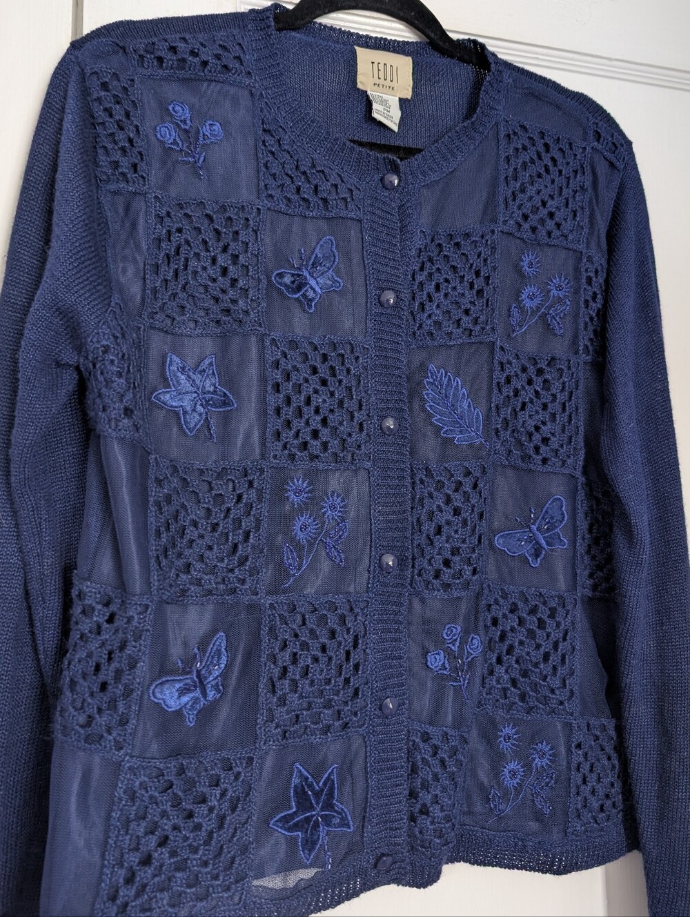 Vtg Tedd Petite Medium Navy Blue Embroidered Patchwork Cardigan Cottagecore